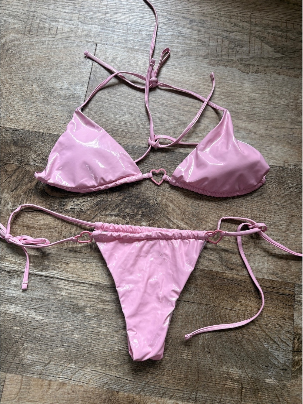 Pink Heart Detail Patent Bikini Set Size Medium Women's Swimwear